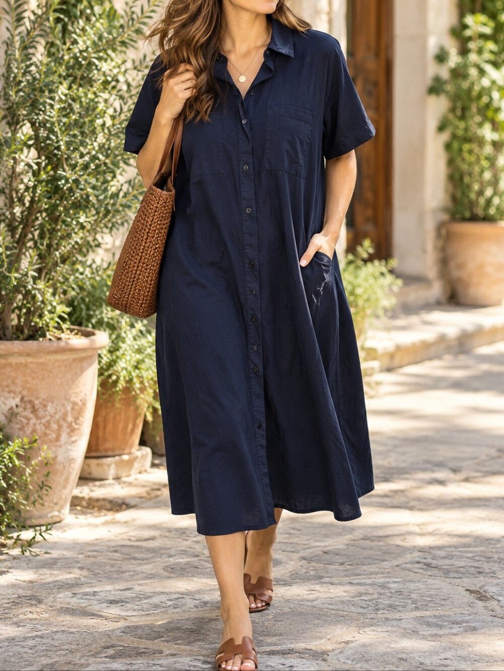 Reserved Dark Navy Cotton Button Front Short Sleeve Midi Shirt Dress Casual
